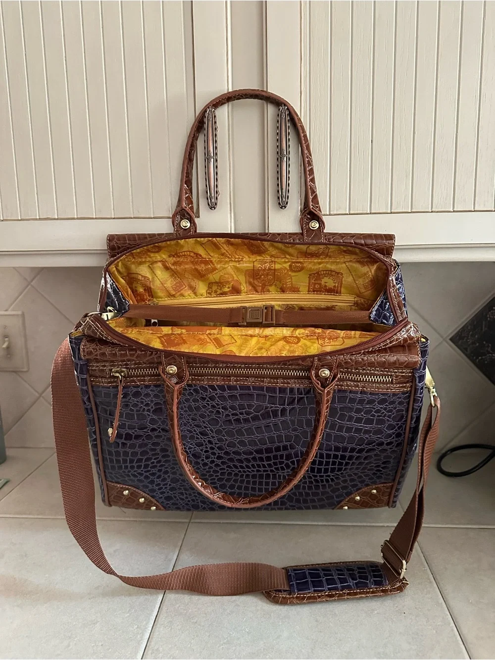 Croc-Embossed  Travel Tote in Dark Purple and Brown Trim by Samantha Brown